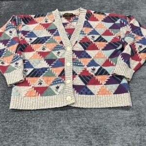 VTG 90s Eddie Bauer Wool Blend Geometric Patchwork Cardigan Sweater Sz Medium